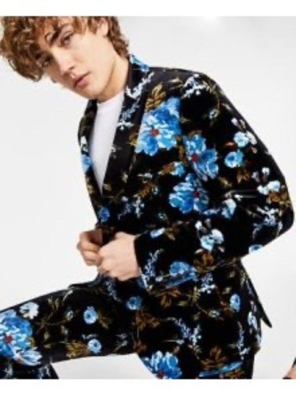 Macy's Exclusive INC Velvet Floral Blazer Pants 2pc Suit Blue Black Tuxedo XL/40